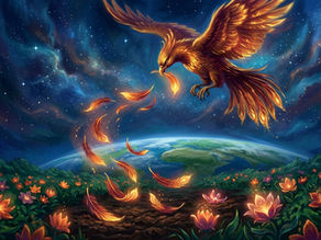 phoenix bird plucking fiery feathers falling earth becoming flowers archetypal transformation sacrifice integration process
