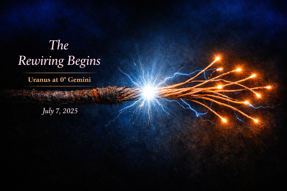 A copper wire crossing a threshold with electric blue lightning arcing between radiating amber-tipped strands against a deep blue-black sky, representing Uranus entering Gemini for the first time on July 7, 2025 by Vibrations by Tash