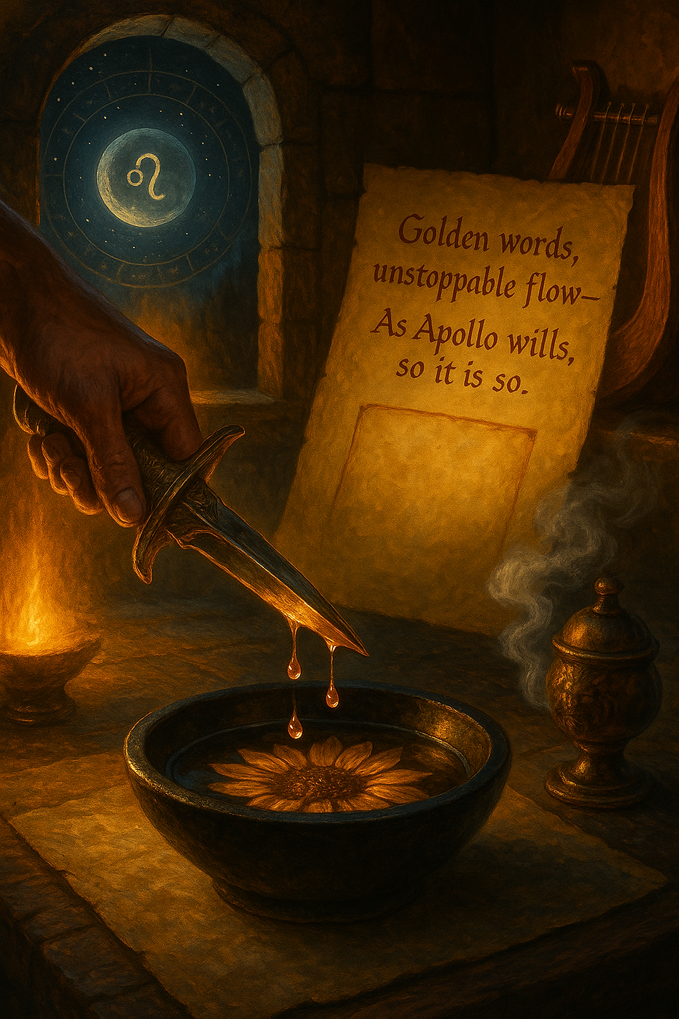 Apollo’s creative ritual: grapefruit oil + frankincense for Leo new moon manifestation. Anoint throat chakra with solar power.