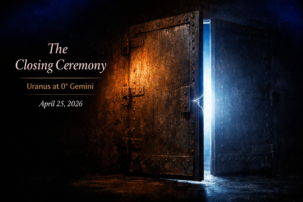 A heavy iron door ajar with amber forge light on one side and pale electric blue Uranus light bleeding through the gap, a static electricity arc at the threshold, representing the closing ceremony of Uranus entering Gemini on April 25, 2026 by Vibrations by Tash