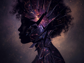 Fragmented astrological birth chart with Moon Pluto square and Mars Neptune aspects showing psychological splits and internal conflict in purple and gold celestial imagery