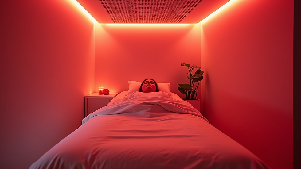 Eye-level view of a modern wellness center with red light therapy equipment