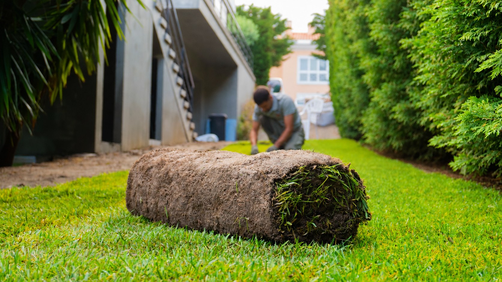 Rolo de relva natural pronto a colocar num jardim junto a uma moradia – construção de jardins em Oeiras