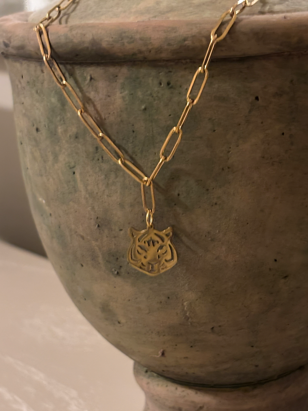 Thumbnail: Tiger Necklace Gold Stainless Steel on Paperclip Chain  