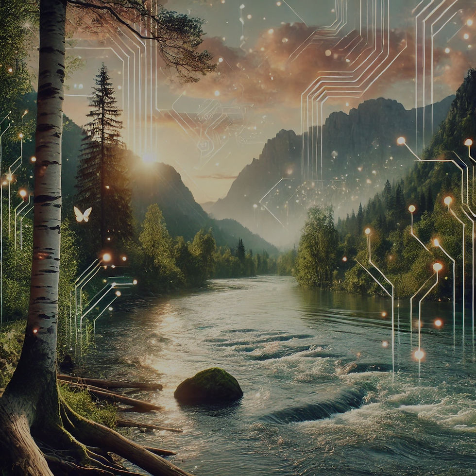 A serene river flows through a landscape adorned with trees, framed by majestic mountains in the background.