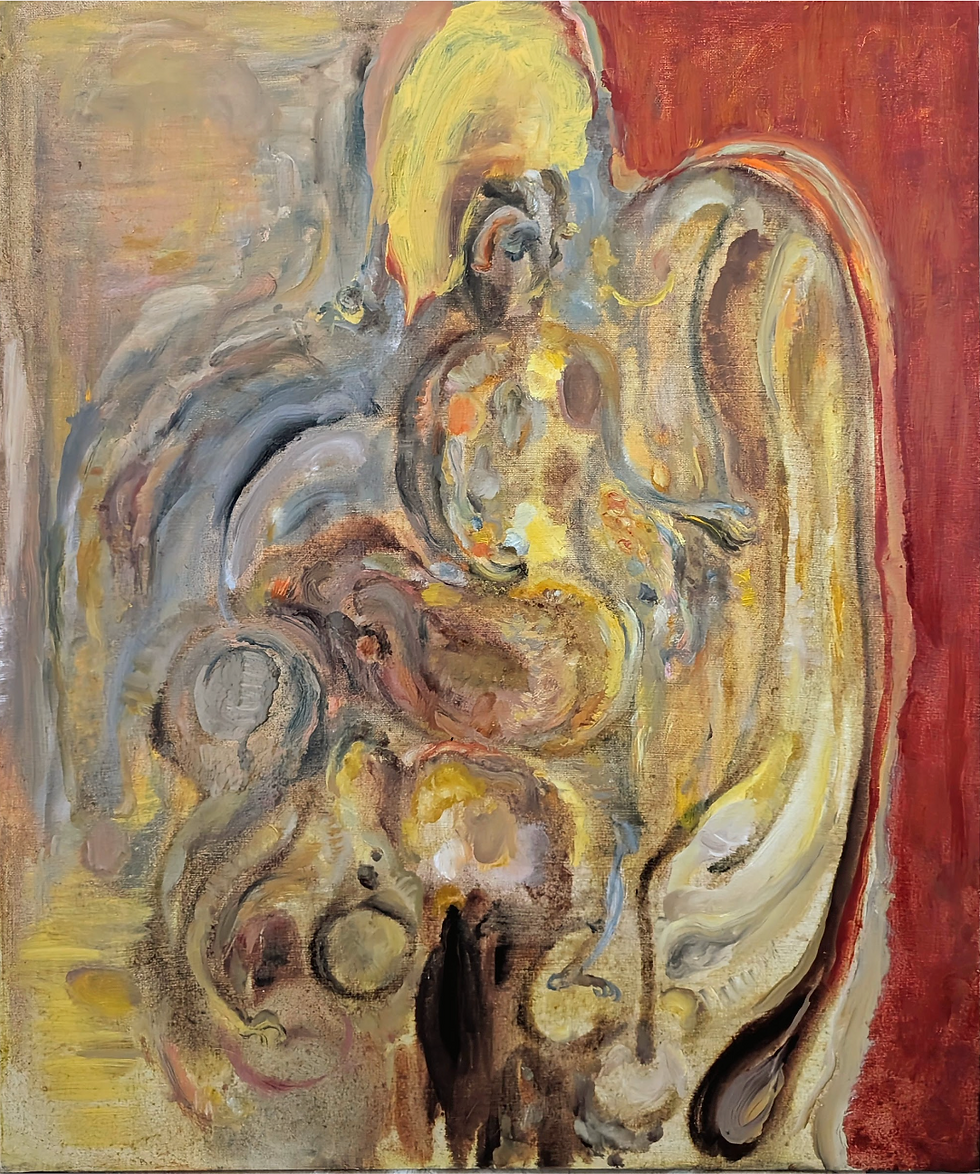 A red and yellow painting with abstracted figures