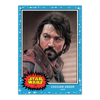 Trading card featuring an illustration of Cassian Andor by Carlos Cabaleiro.