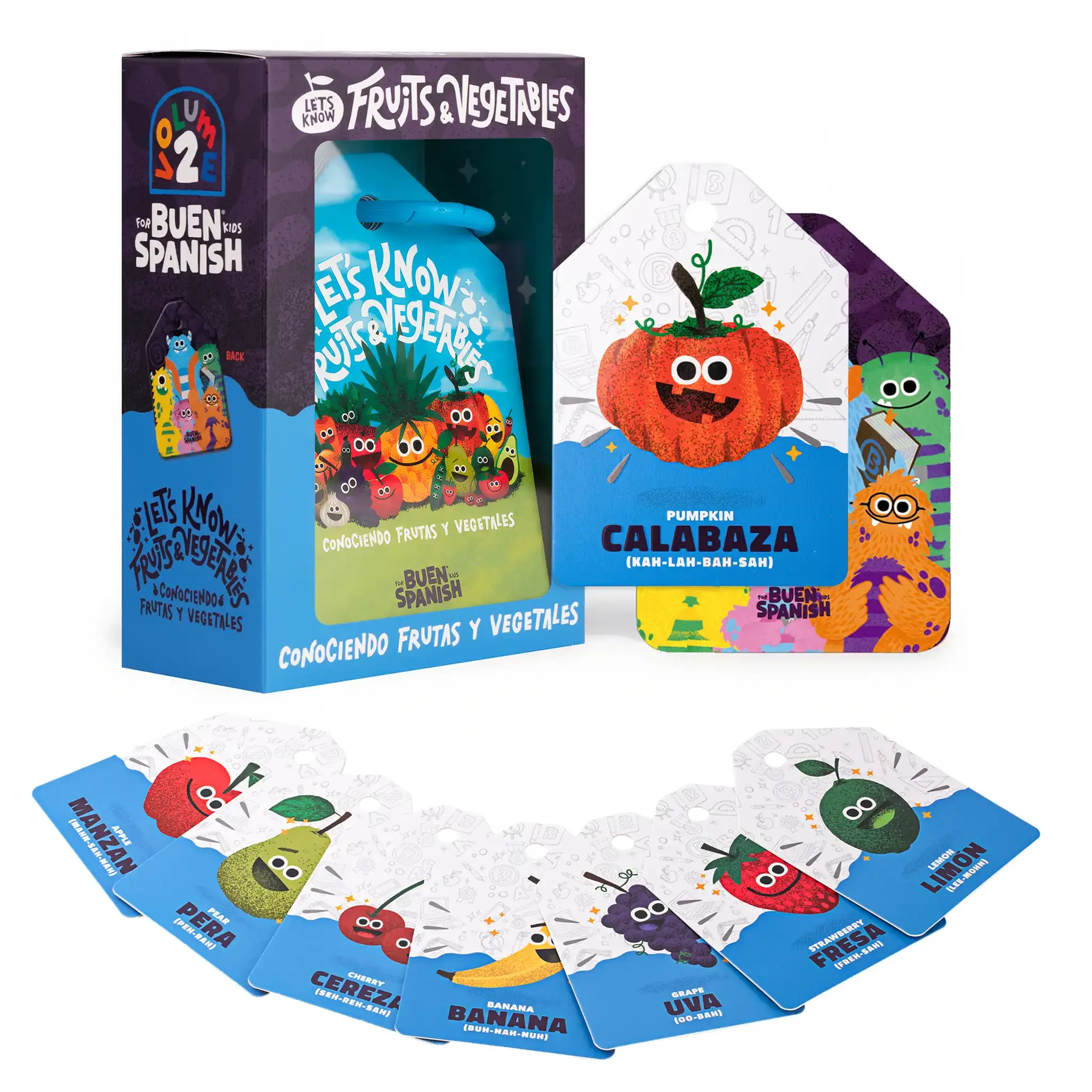 Buen Spanish Let's Know Fruits and Vegetables Volume 2 flashcard set showing colorful illustrations of healthy foods with Eng