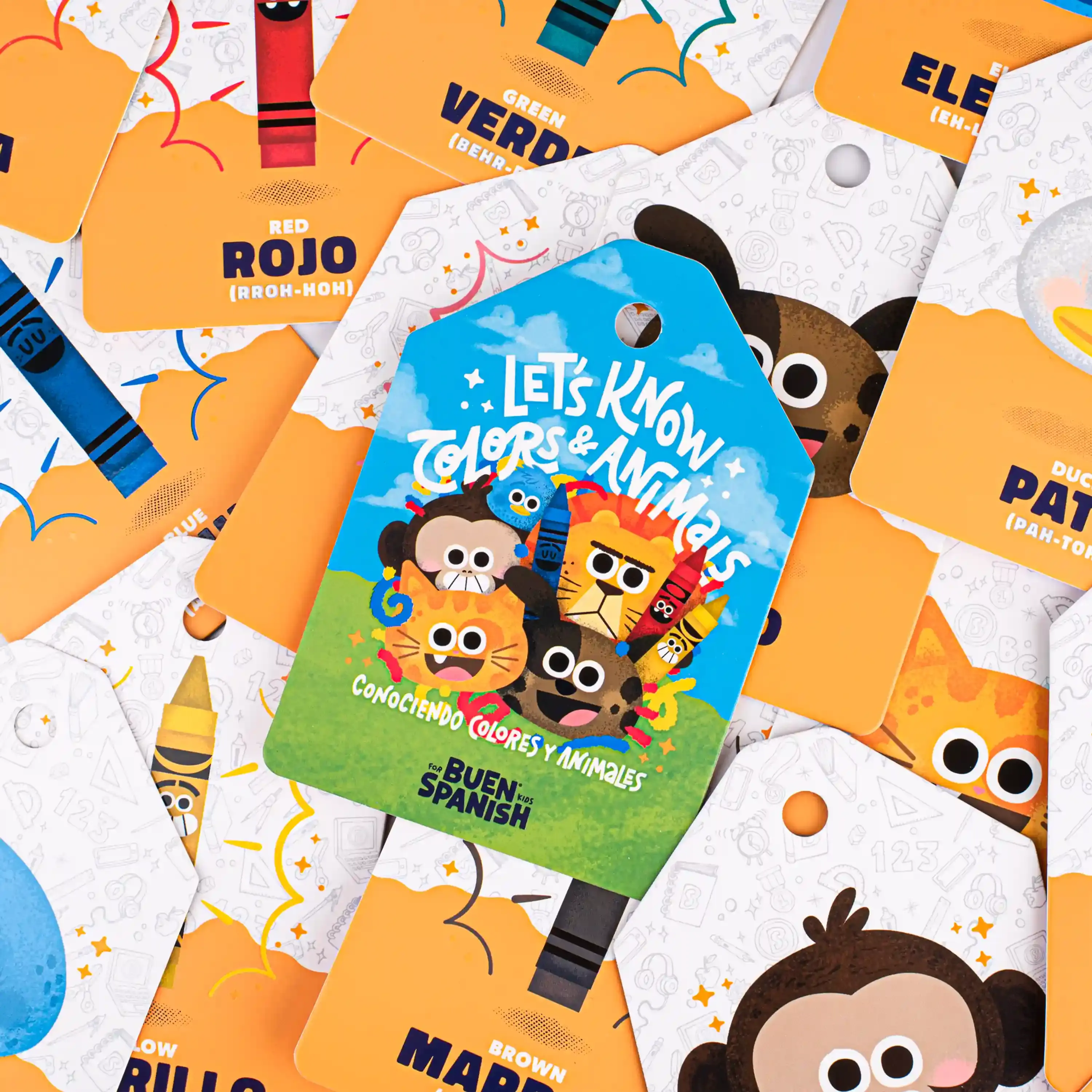 Buen Spanish premium five volume bilingual flashcards bundle box set featuring vibrant educational learning cards for kids.