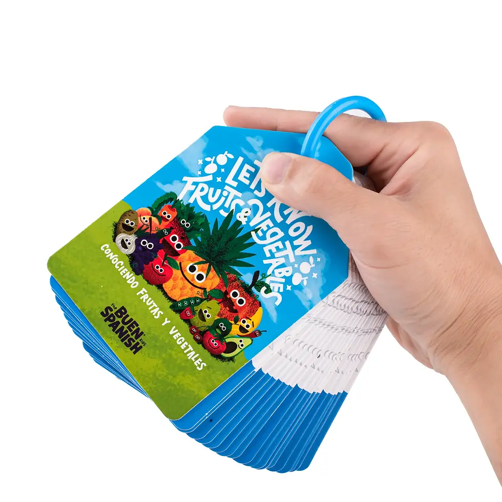 Buen Spanish Let's Know Fruits and Vegetables Volume 2 flashcard set showing colorful illustrations of healthy foods with Eng