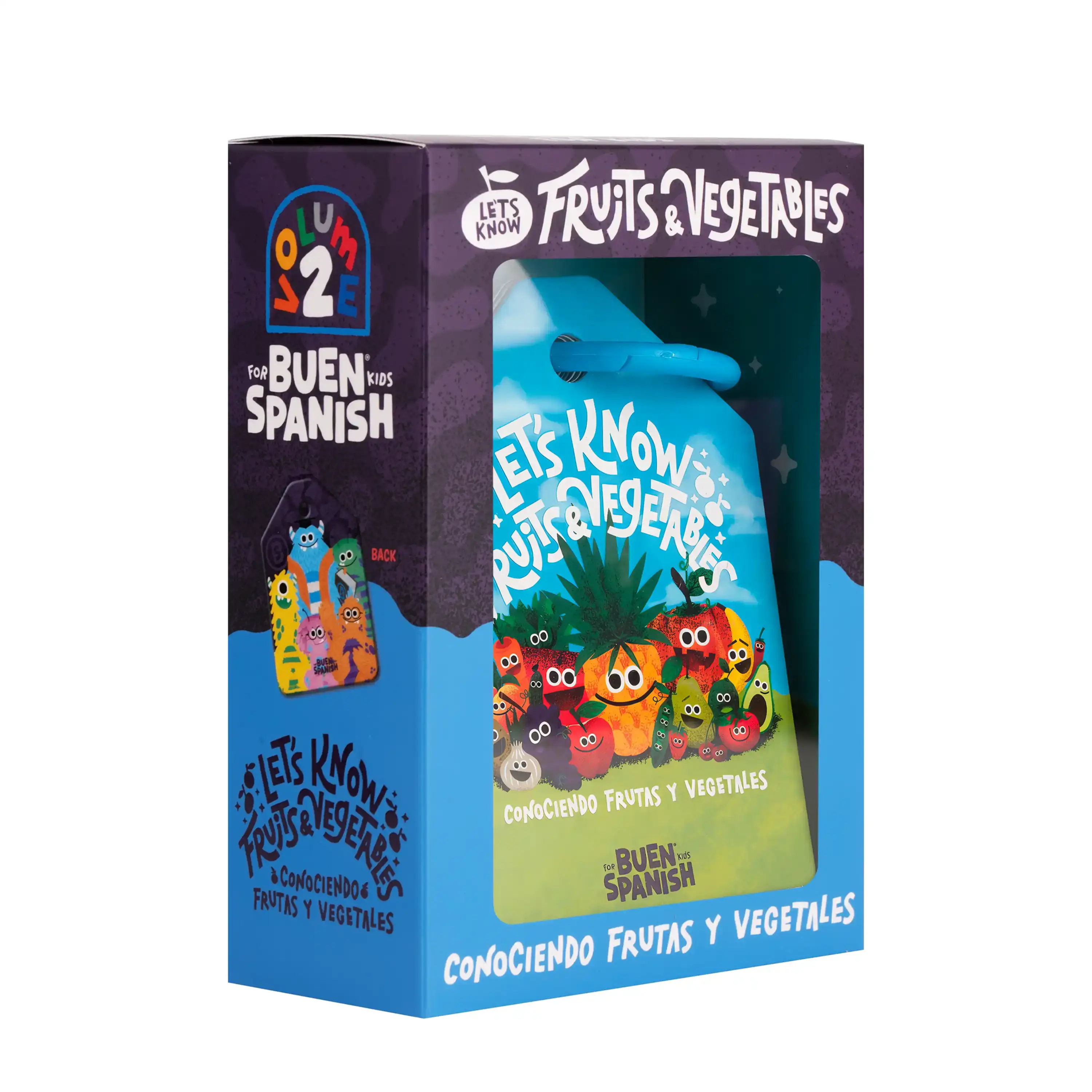 Buen Spanish Let's Know Fruits and Vegetables Volume 2 flashcard set showing colorful illustrations of healthy foods with Eng