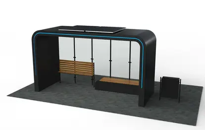 Statie de autobuz inteligenta, structura metalica, iluminat LED, otel galvanizat, aluminiu, panou solar integrat, afisaje digitale, conectivitate wi-fi, puncte de incarcare USB/wireless, PLGSA012 - Palagio.ro