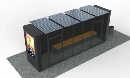 Statie autobuz inteligenta, cu panouri fotovoltaice, aparat aer conditionat cu Inverter si wi-fi, acumulator solar, invertor hybrid cu controler solar incorporat, iluminat LED, PLGSA016 - Palagio.ro