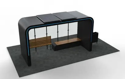 Statie de autobuz inteligenta, structura metalica, iluminat LED, otel galvanizat, aluminiu, panou solar integrat, afisaje digitale, conectivitate wi-fi, puncte de incarcare USB/wireless, PLGSA012 - Palagio.ro