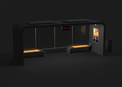Statie autobuz inteligenta, structura metalica, cu otel inoxidabil, panou fotovoltaic, iluminare LED, router wi-fi, cos de gunoi, sistem CCTV, incarcatoare wireless, porturi USB, PLGSA022 - Palagio.ro