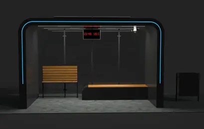 Statie de autobuz inteligenta, structura metalica, cu otel galvanizat, iluminare LED,  bancuta pentru sprijin, cos gunoi rabatabil, kit cu monitor full outdoor, camera supraveghere CCTV, PLGSA014 - Palagio.ro