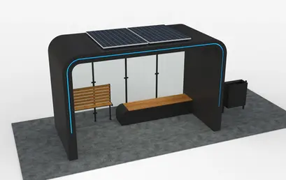 Statie de autobuz inteligenta, structura metalica, cu otel galvanizat, iluminare LED,  bancuta pentru sprijin, cos gunoi rabatabil, kit cu monitor full outdoor, camera supraveghere CCTV, PLGSA014 - Palagio.ro