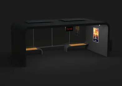 Statie de autobuz inteligenta, structura metalica, cu otel inoxidabil, panou fotovoltaic, iluminare LED, router wi-fi,porturi USB, banca de asteptare, cos de gunoi, PLGSA023 - Palagio.ro