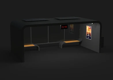 Statie de autobuz inteligenta, structura metalica, cu otel inoxidabil, panou fotovoltaic, iluminare LED, router wi-fi,porturi USB, banca de asteptare, cos de gunoi, PLGSA023 - Palagio.ro