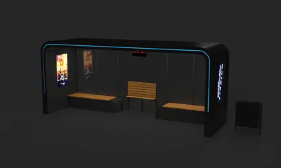 Statie autobuz inteligenta, structura metalica, iluminare LED, cu bancuta pentru sprijin, bancuta smart cu spatar, cos de gunoi rabatabil, camera de supraveghere CCTV, PLGSA015 - Palagio.ro
