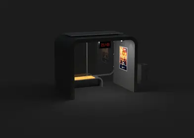 Statie autobuz inteligenta, structura metalica, cu otel inoxidabil, iluminare LED, panou fotovoltaic, banca de asteptare, incarcatoare wireless FAST, router wi-fi, PLGSA019 - Palagio.ro
