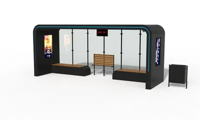 Statie autobuz inteligenta, structura metalica, iluminare LED, cu bancuta pentru sprijin, bancuta smart cu spatar, cos de gunoi rabatabil, camera de supraveghere CCTV, PLGSA015 - Palagio.ro