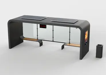 Statie autobuz inteligenta, structura metalica, cu otel inoxidabil, panou fotovoltaic, iluminare LED, router wi-fi, cos de gunoi, sistem CCTV, incarcatoare wireless, porturi USB, PLGSA022 - Palagio.ro