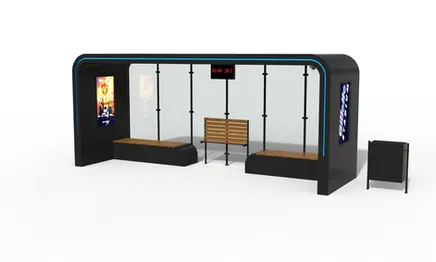 Statie autobuz inteligenta, structura metalica, iluminare LED, cu bancuta pentru sprijin, bancuta smart cu spatar, cos de gunoi rabatabil, camera de supraveghere CCTV, PLGSA015 - Palagio.ro