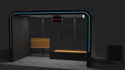 Statie de autobuz inteligenta, structura metalica, cu otel galvanizat, iluminare LED,  bancuta pentru sprijin, cos gunoi rabatabil, kit cu monitor full outdoor, camera supraveghere CCTV, PLGSA014 - Palagio.ro