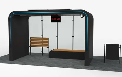 Statie de autobuz inteligenta, structura metalica, cu otel galvanizat, iluminare LED,  bancuta pentru sprijin, cos gunoi rabatabil, kit cu monitor full outdoor, camera supraveghere CCTV, PLGSA014 - Palagio.ro