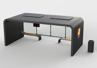 Statie de autobuz inteligenta, structura metalica, cu otel inoxidabil, panou fotovoltaic, iluminare LED, router wi-fi,porturi USB, banca de asteptare, cos de gunoi, PLGSA023 - Palagio.ro