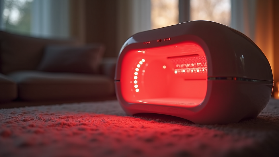 Eye-level view of a red light therapy device in a serene home setting