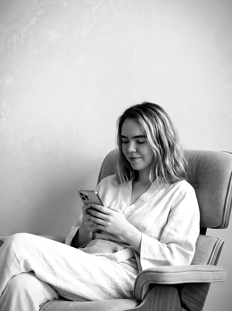 Woman relaxing in an armchair reading on her phone