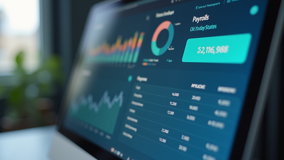 Close-up view of a computer screen showing payroll software dashboard