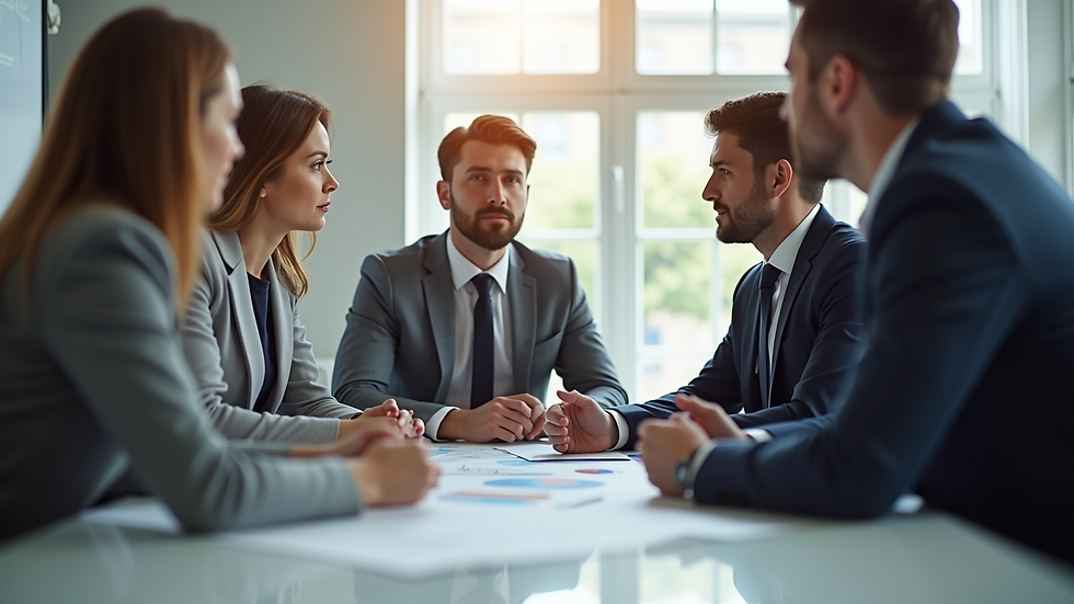 Eye-level view of a business team discussing growth strategies around a table