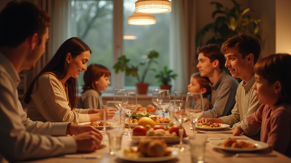 Eye-level view of a cozy family gathering around a dinner table