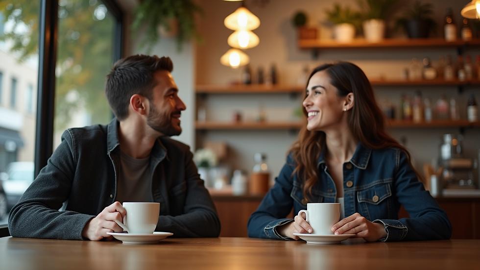 Eye-level view of a cozy café setting with a couple enjoying coffee