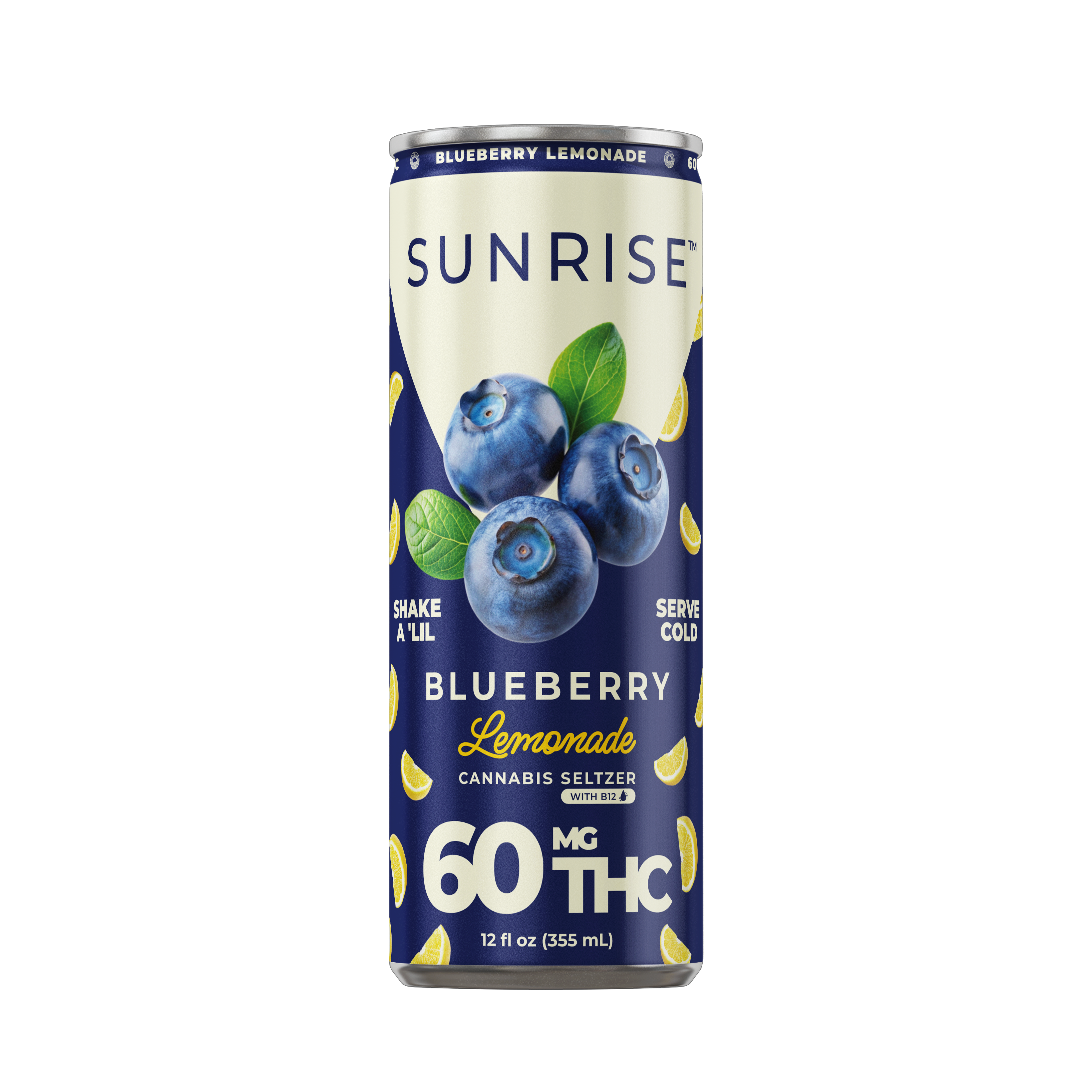 Sunrise HEMP - 60MG THC Cannabis Seltzer Drink Can Mockup - Blueberry Lemonade - 08.29.25.