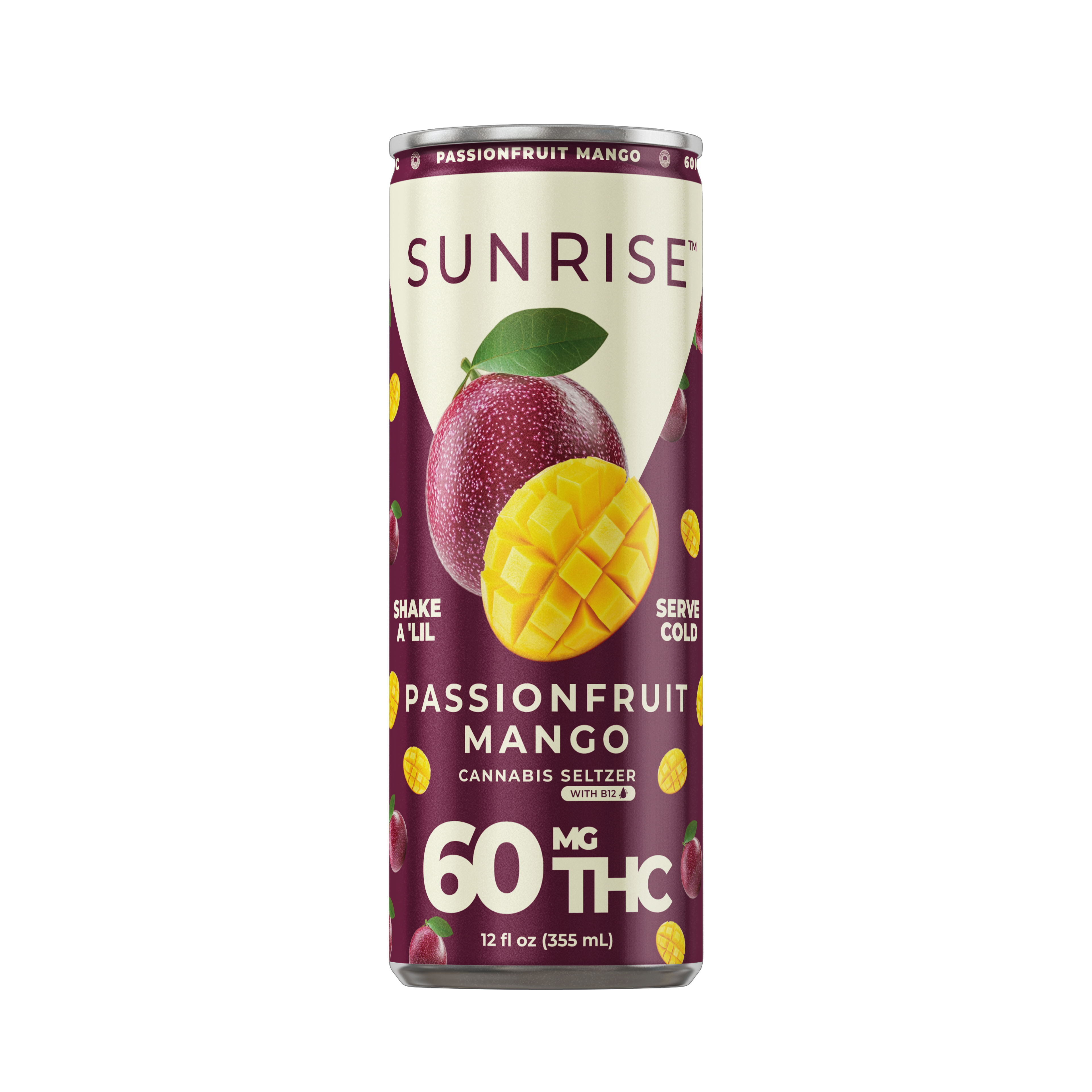 Sunrise HEMP - 60MG THC Cannabis Seltzer Drink Can Mockup - Passionfruit Mango - 08.29.25.