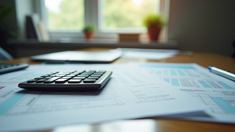 Eye-level view of a neat desk with tax documents and calculator