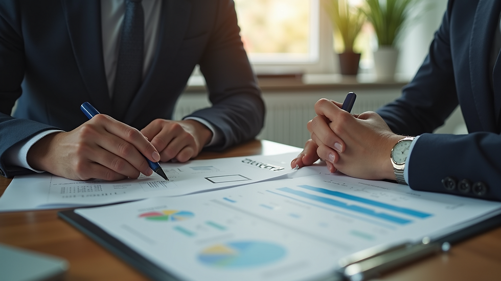 High angle view of a professional advisor discussing documents with a client