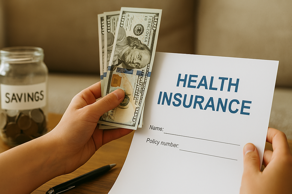 Hands holding cash and a health insurance document beside a savings jar and pen on a wooden table, symbolizing rising marketplace premiums.