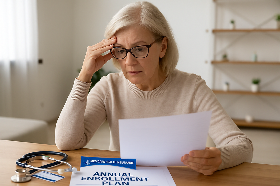 Older woman with short gray hair and glasses sitting at a table, reviewing Medicare Annual Enrollment documents with a concerned expression. A Medicare card and stethoscope are on the table in front of her.