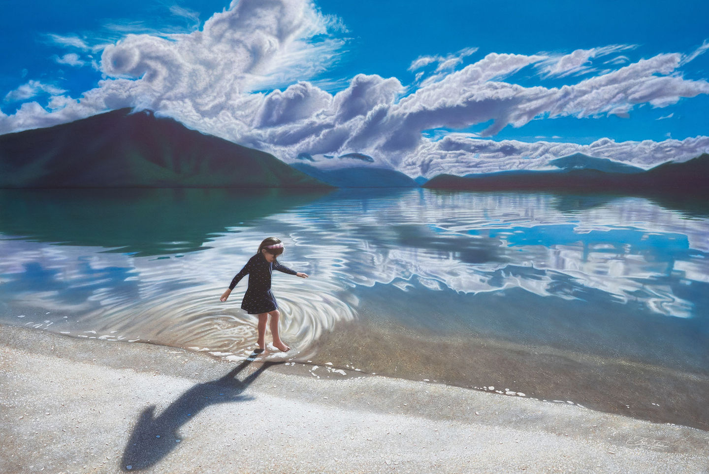 A painting of a small girl dancing through an amazing reflection in the Marlborough Sounds New Zealand 