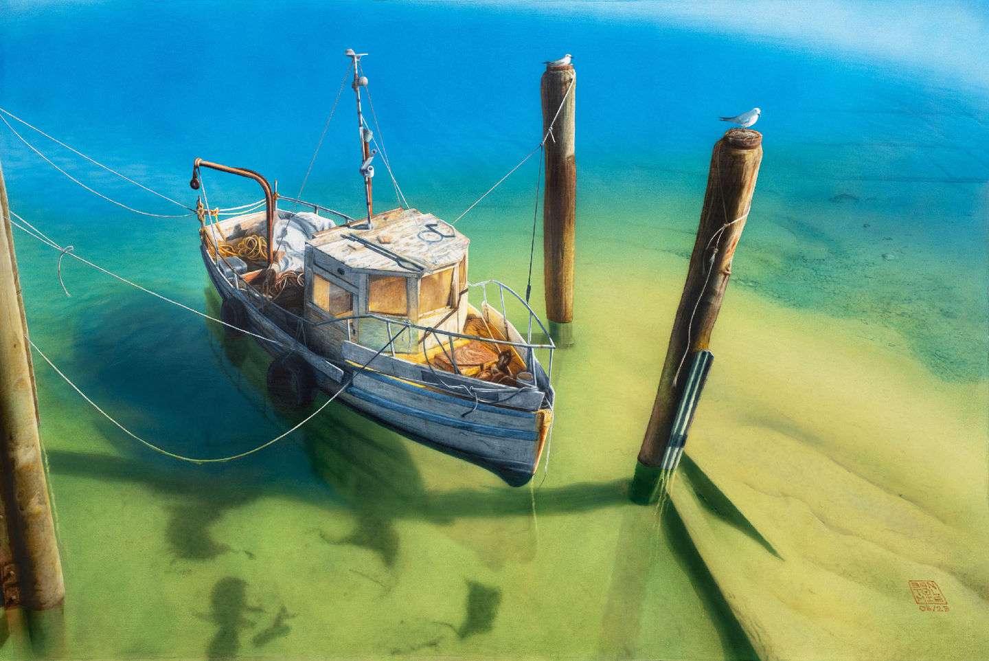 A painting of an iconic kauri commercial fishing boat moored in Westport New Zealand 
