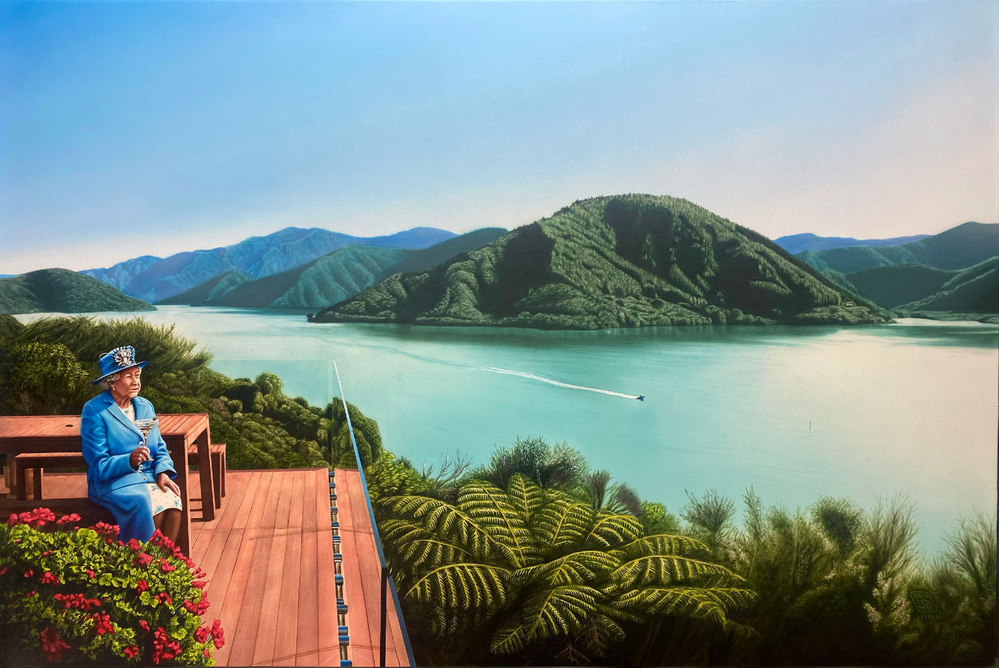 A painting of Queen Elizabeth II having a quiet and sneaky martini in the Marlborough Sounds New Zealand. 