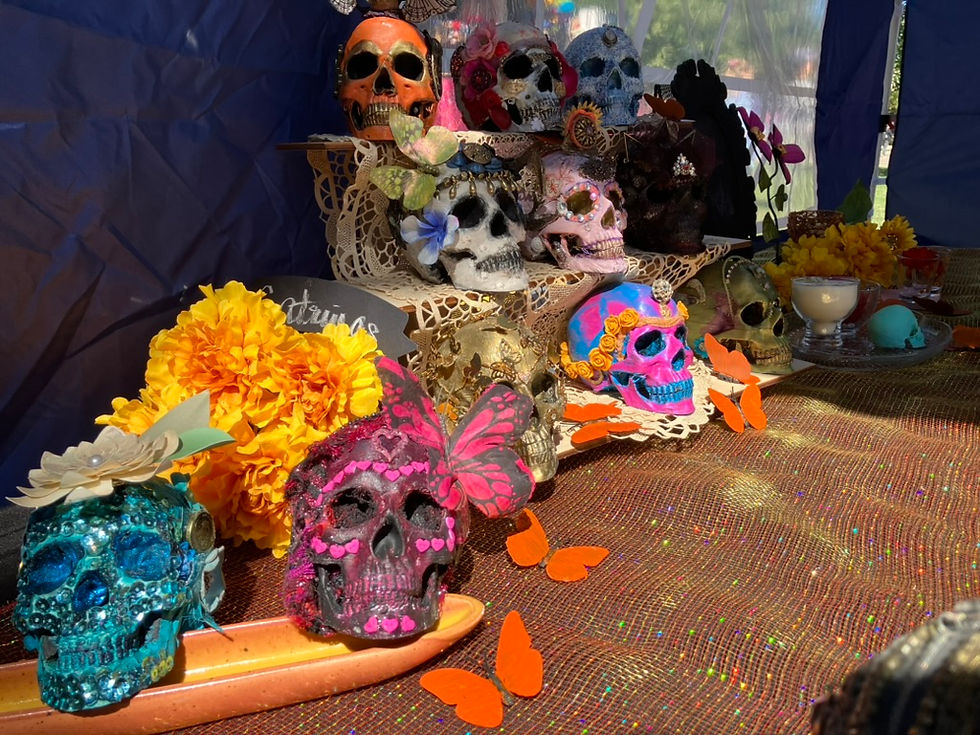 Closeup of Dia de los Muertos skulls.