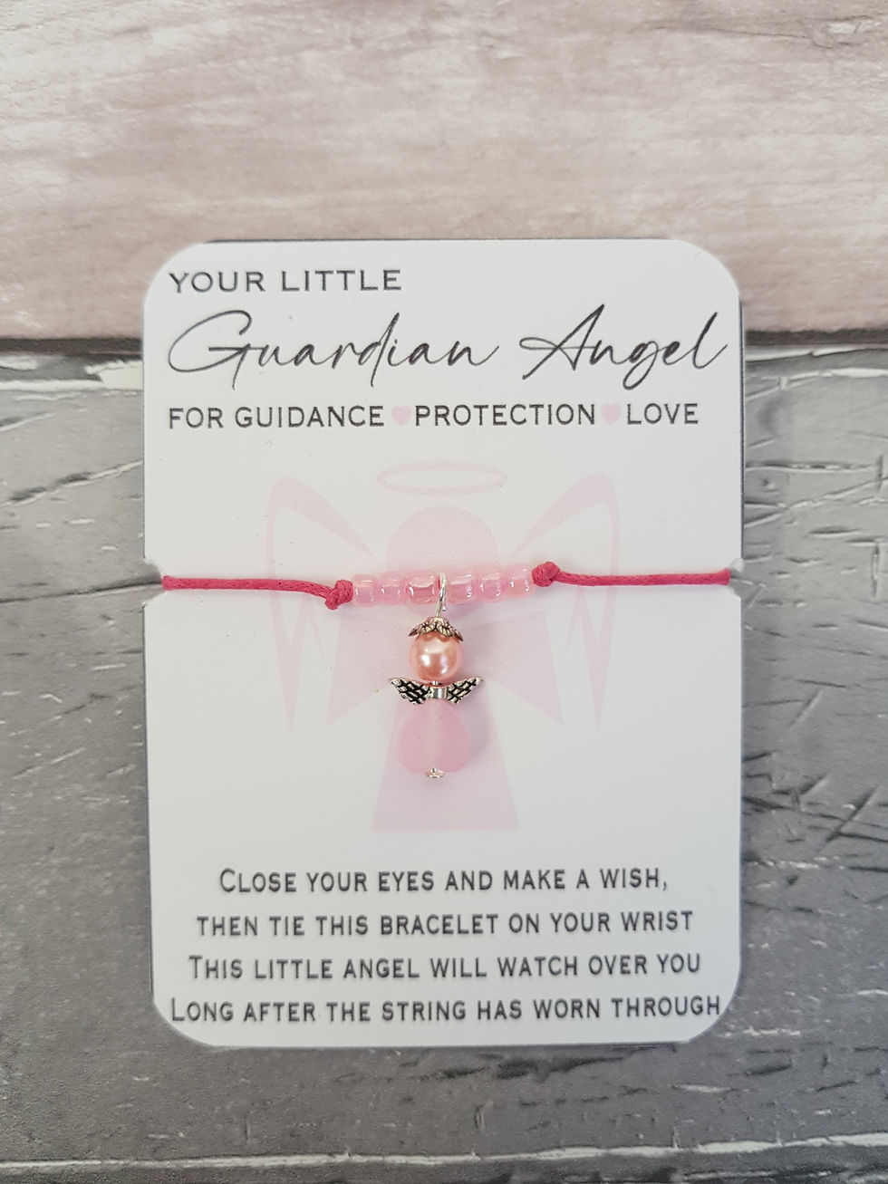 Thumbnail: Handmade pink guardian angel wish bracelet jewellery with pretty angel charm & beading detail