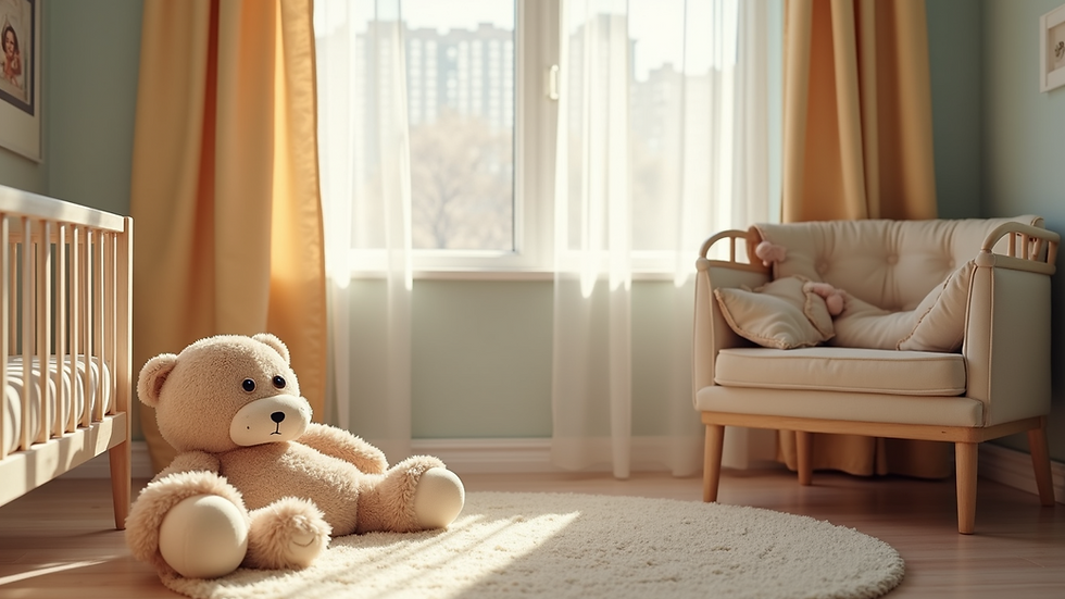 Eye-level view of cozy nursery corner with soft lighting