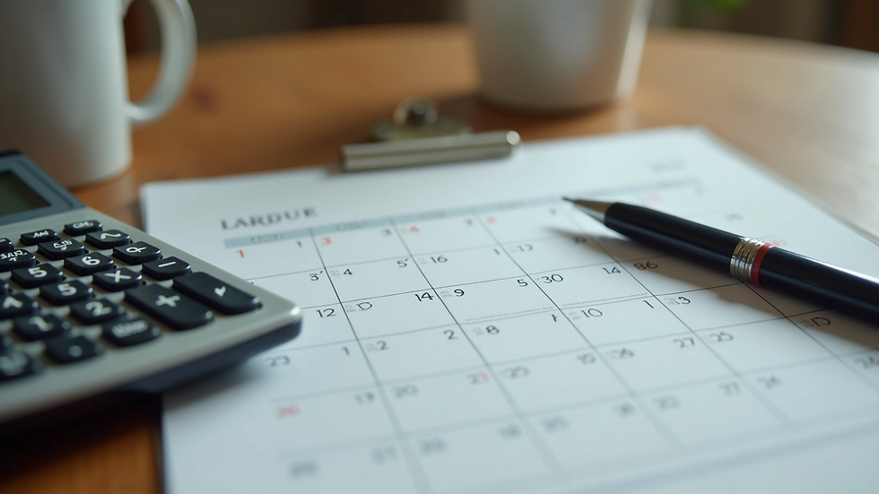 High angle view of a calendar and calculator on a wooden table